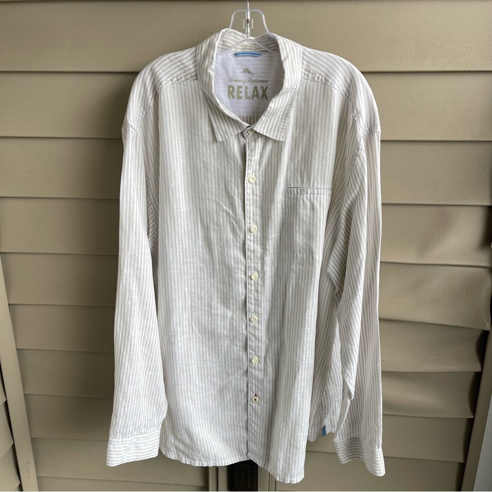Tommy Bahama 100% Linen Shirt Mens 3XL White Tan striped Hawaiian Camp